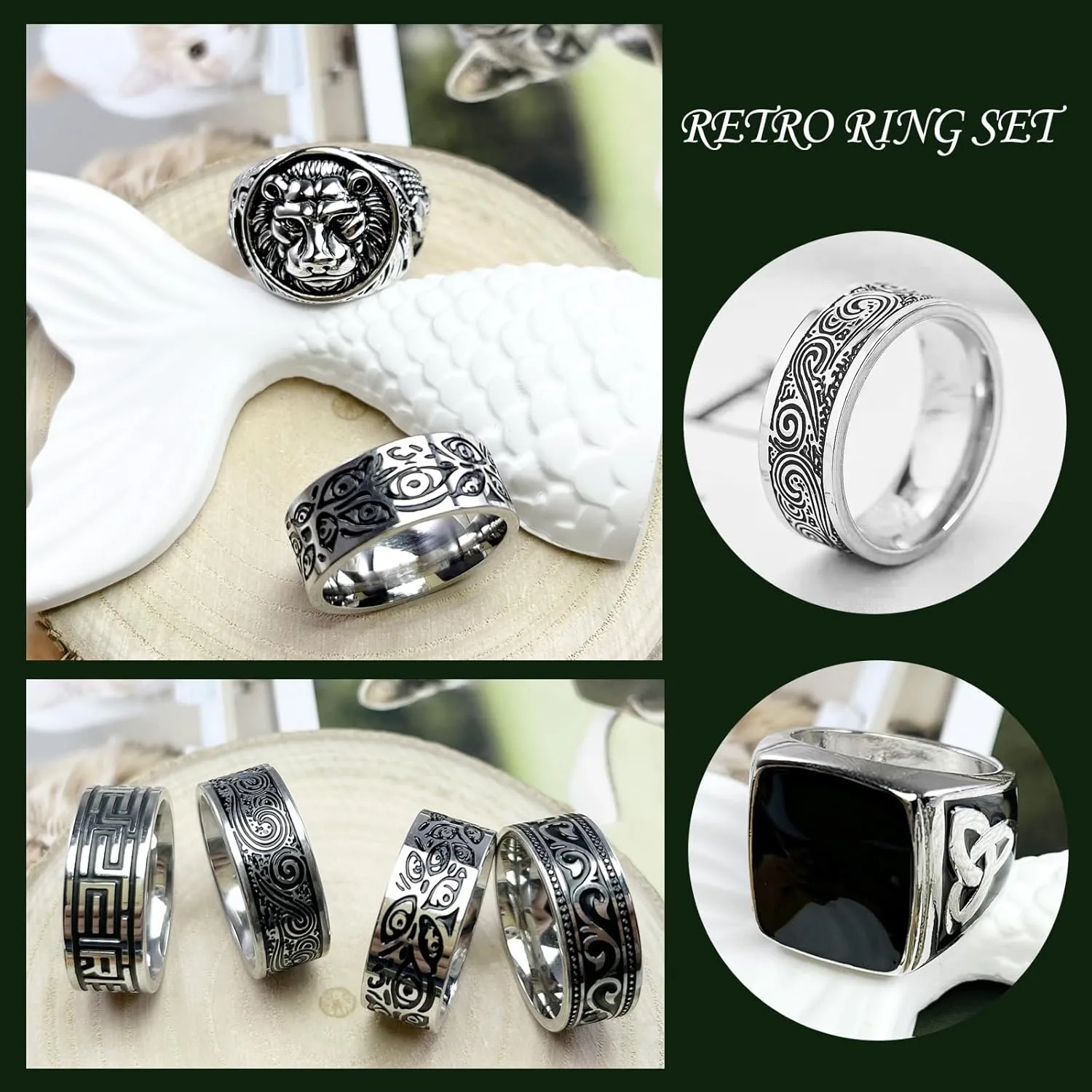 Stainless Steel Rings for Men Silver Rings Set Men's Retro Greek Signet Ring Vintage Pinky Thumb Carving Celtic Rings Biker Band Ring for Men Jewelry Gift