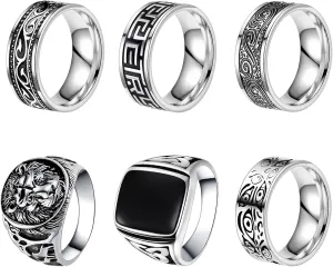 Stainless Steel Rings for Men Silver Rings Set Men's Retro Greek Signet Ring Vintage Pinky Thumb Carving Celtic Rings Biker Band Ring for Men Jewelry Gift
