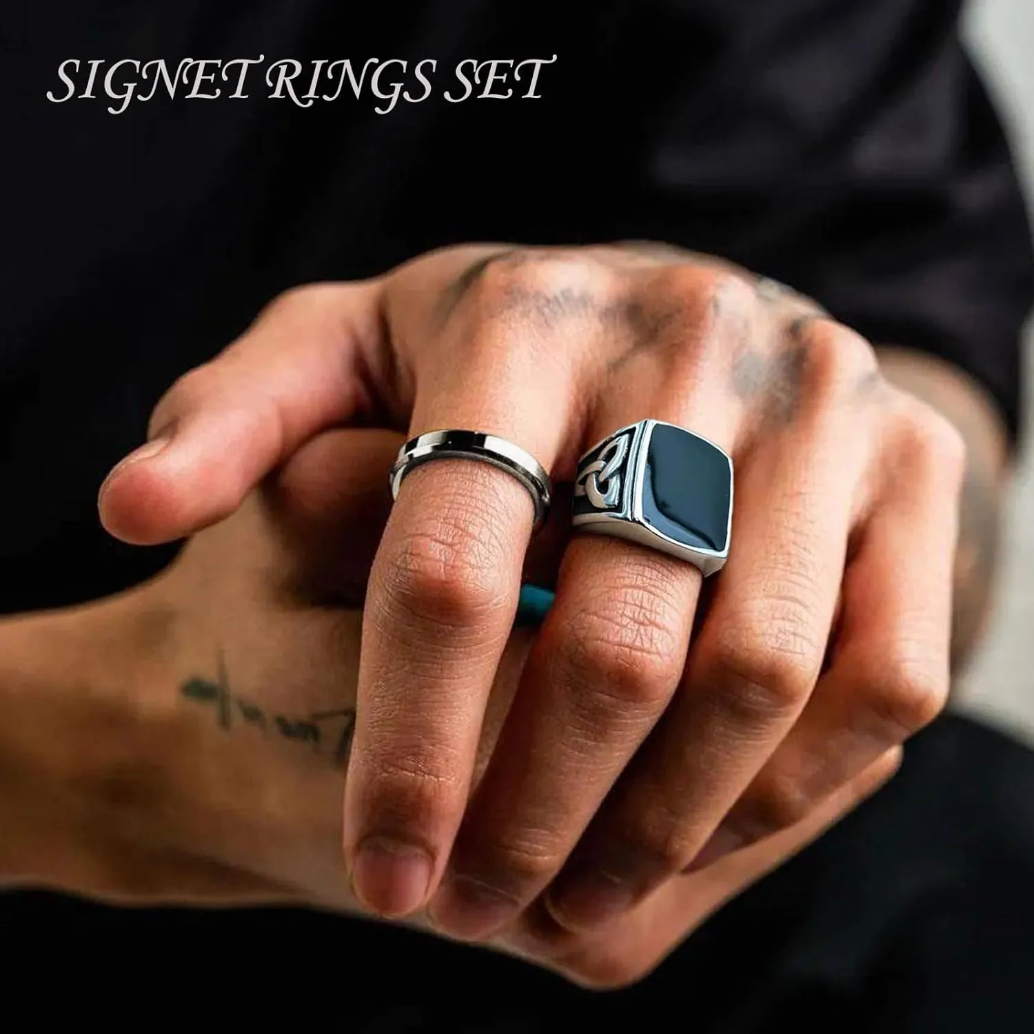 Stainless Steel Rings for Men Silver Rings Set Men's Retro Greek Signet Ring Vintage Pinky Thumb Carving Celtic Rings Biker Band Ring for Men Jewelry Gift