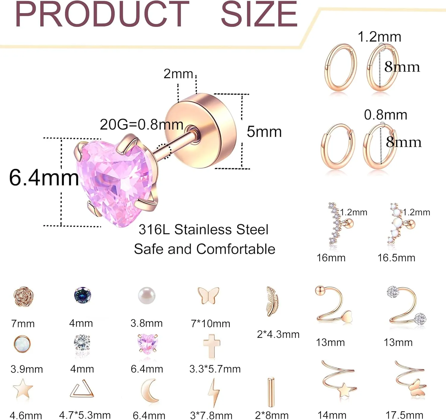 Staligue Surgical Steel Flat Back Earrings Set for Women Men Hypoallergenic 20G Stainless Steel Stud and Hoops Earrings for Sensitive Ears Small Cz Heart Star Moon Opal Cartilage Earrings