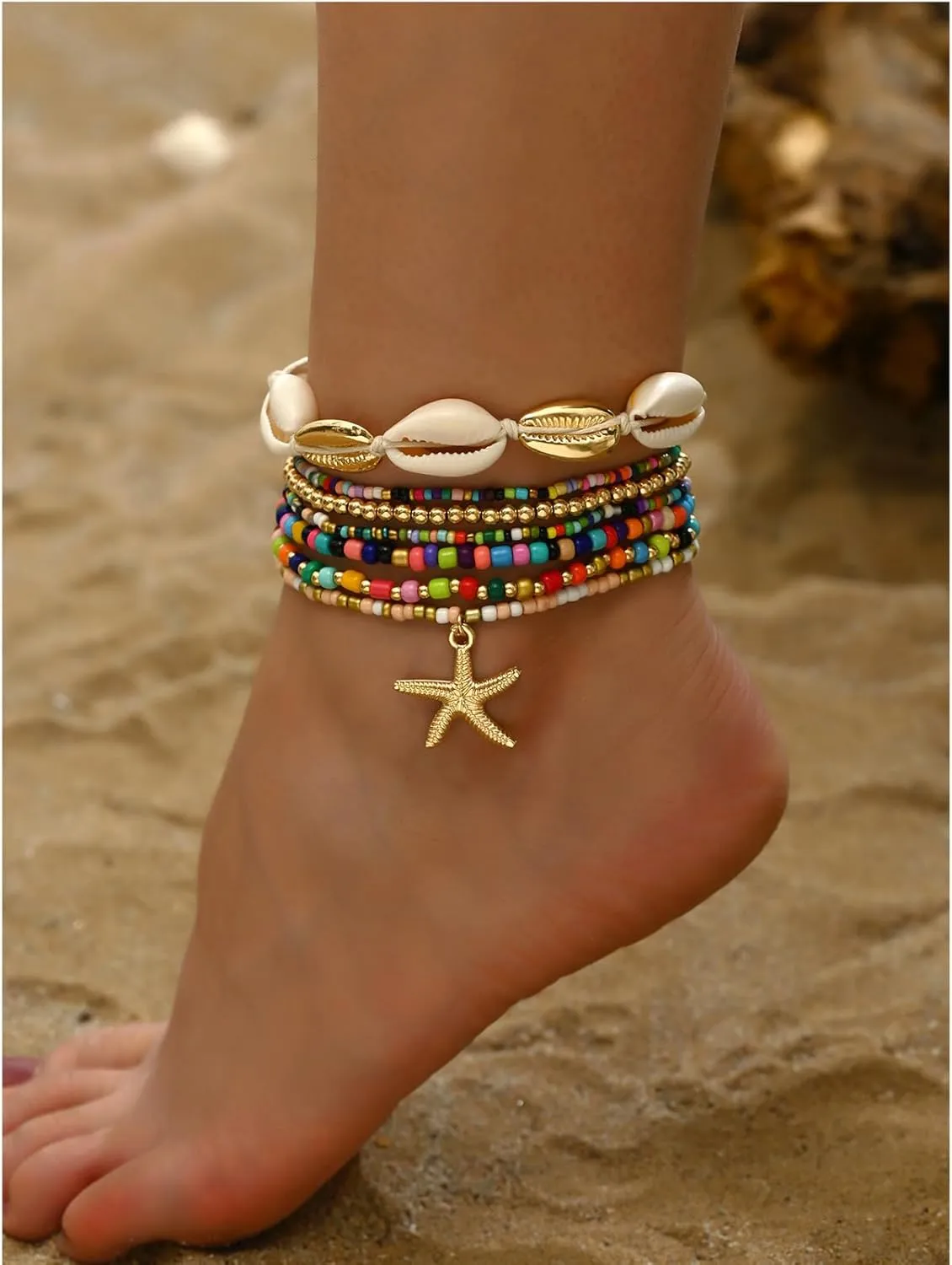 Summer Beach Ankle Bracelets for Women Boho Multilayer Shell Starfish Anklets Bracelets Surfer Heishi Stack Stretch Bracelets Jewelry