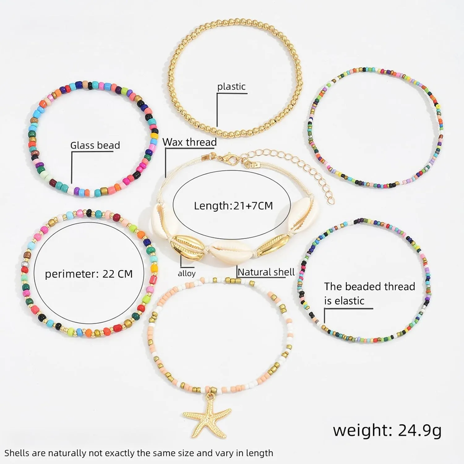 Summer Beach Ankle Bracelets for Women Boho Multilayer Shell Starfish Anklets Bracelets Surfer Heishi Stack Stretch Bracelets Jewelry