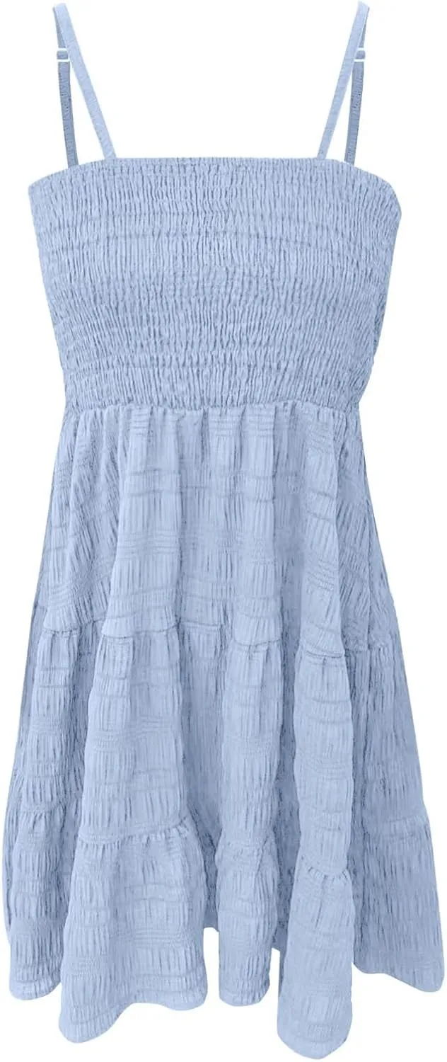 Summer Dresses for Women 2025 Cute Square Neck Spaghetti Strap Mini Dress Casual Pleated Flowy A Line Beach Sundress