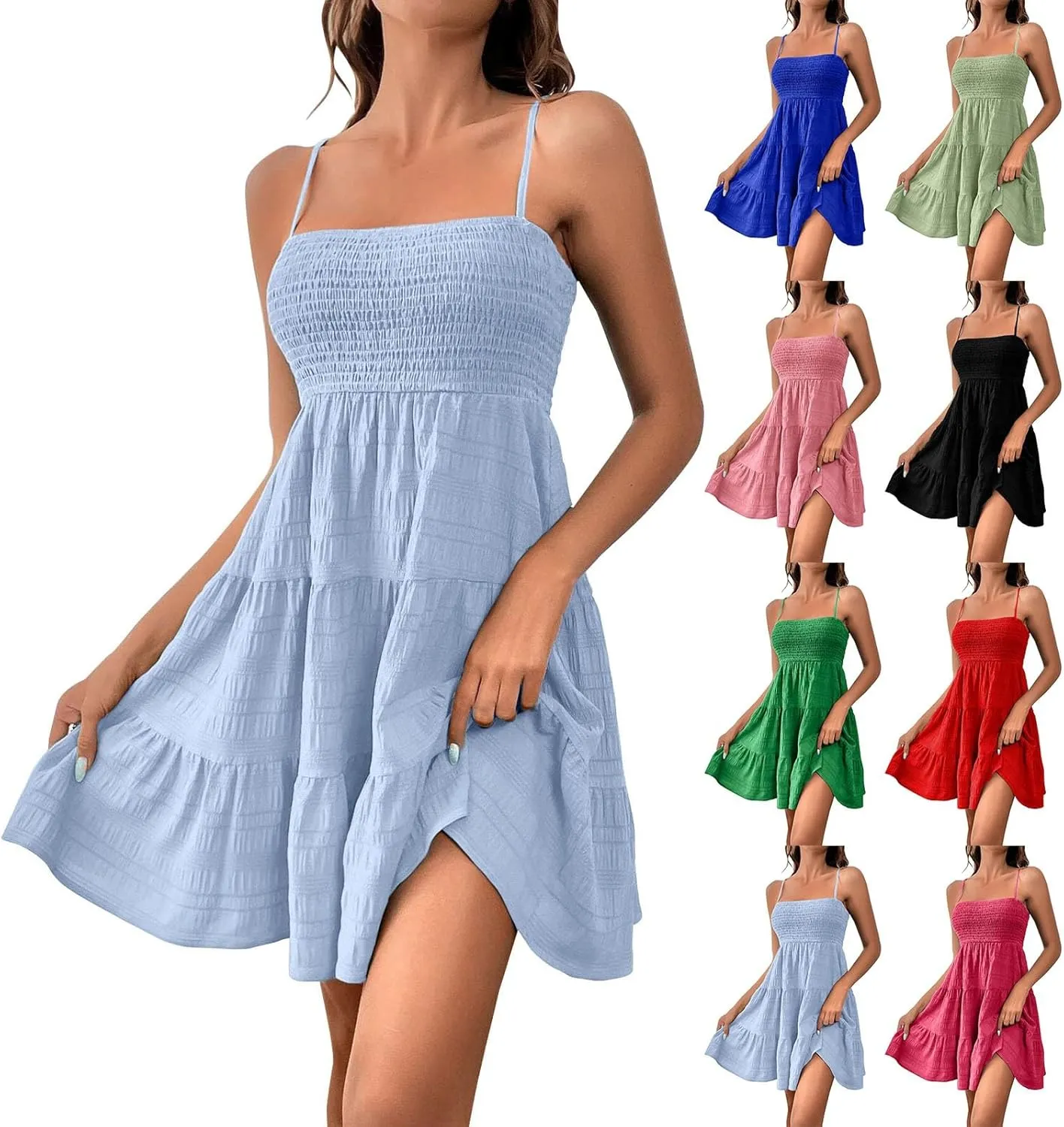 Summer Dresses for Women 2025 Cute Square Neck Spaghetti Strap Mini Dress Casual Pleated Flowy A Line Beach Sundress