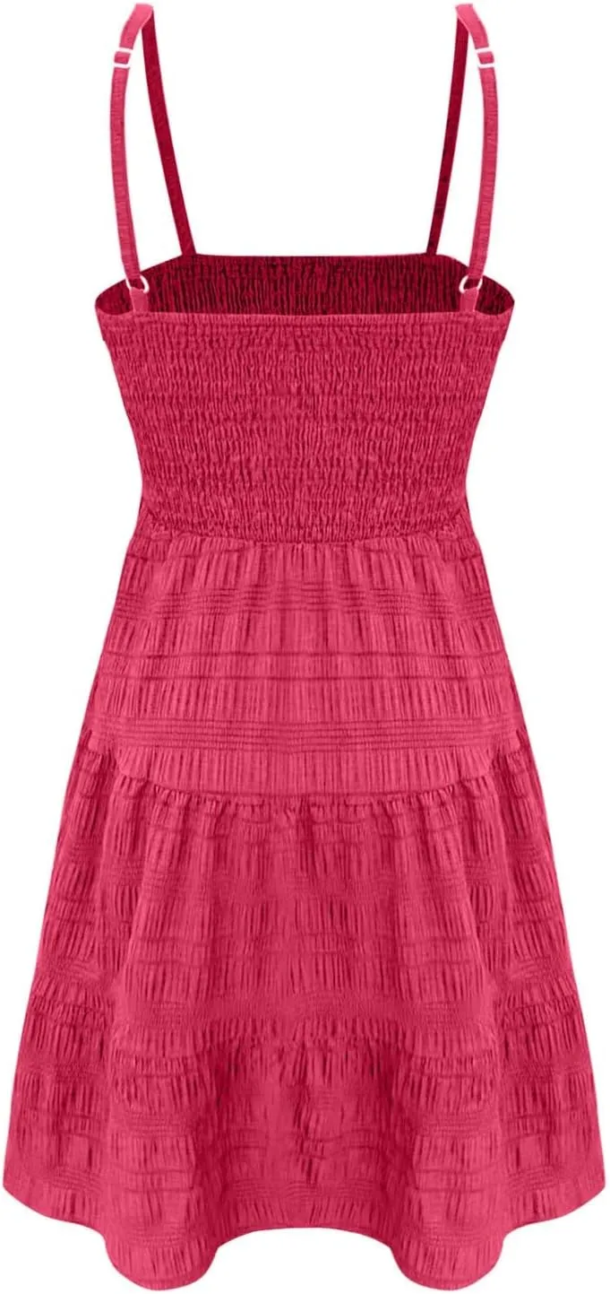 Summer Dresses for Women 2025 Cute Square Neck Spaghetti Strap Mini Dress Casual Pleated Flowy A Line Beach Sundress