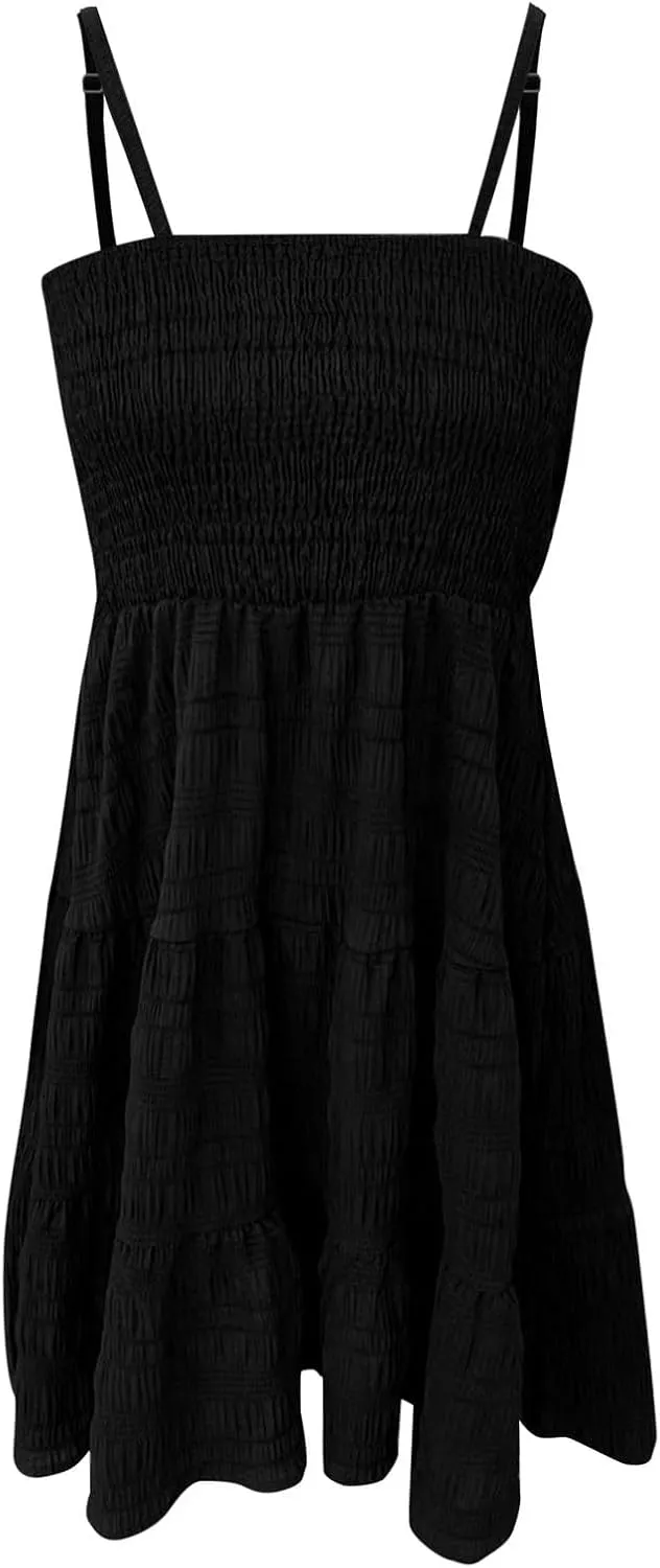 Summer Dresses for Women 2025 Cute Square Neck Spaghetti Strap Mini Dress Casual Pleated Flowy A Line Beach Sundress