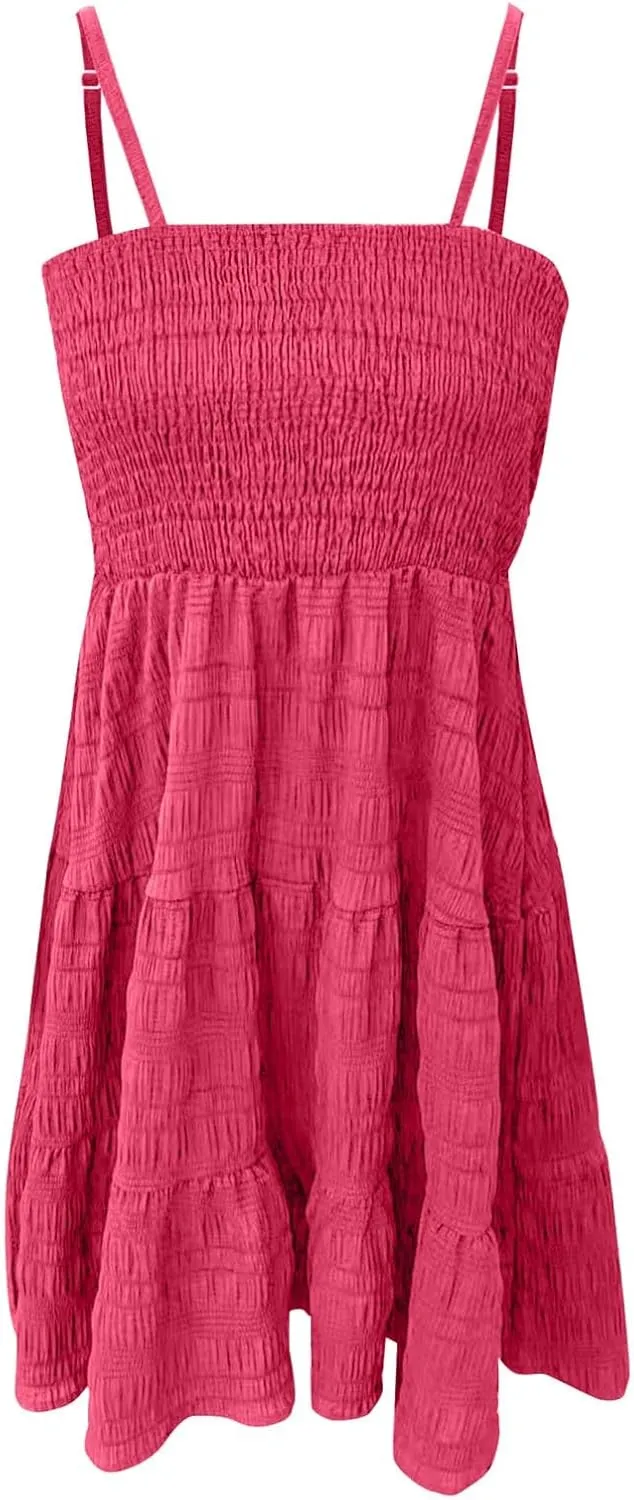 Summer Dresses for Women 2025 Cute Square Neck Spaghetti Strap Mini Dress Casual Pleated Flowy A Line Beach Sundress