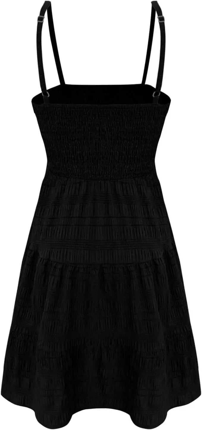 Summer Dresses for Women 2025 Cute Square Neck Spaghetti Strap Mini Dress Casual Pleated Flowy A Line Beach Sundress