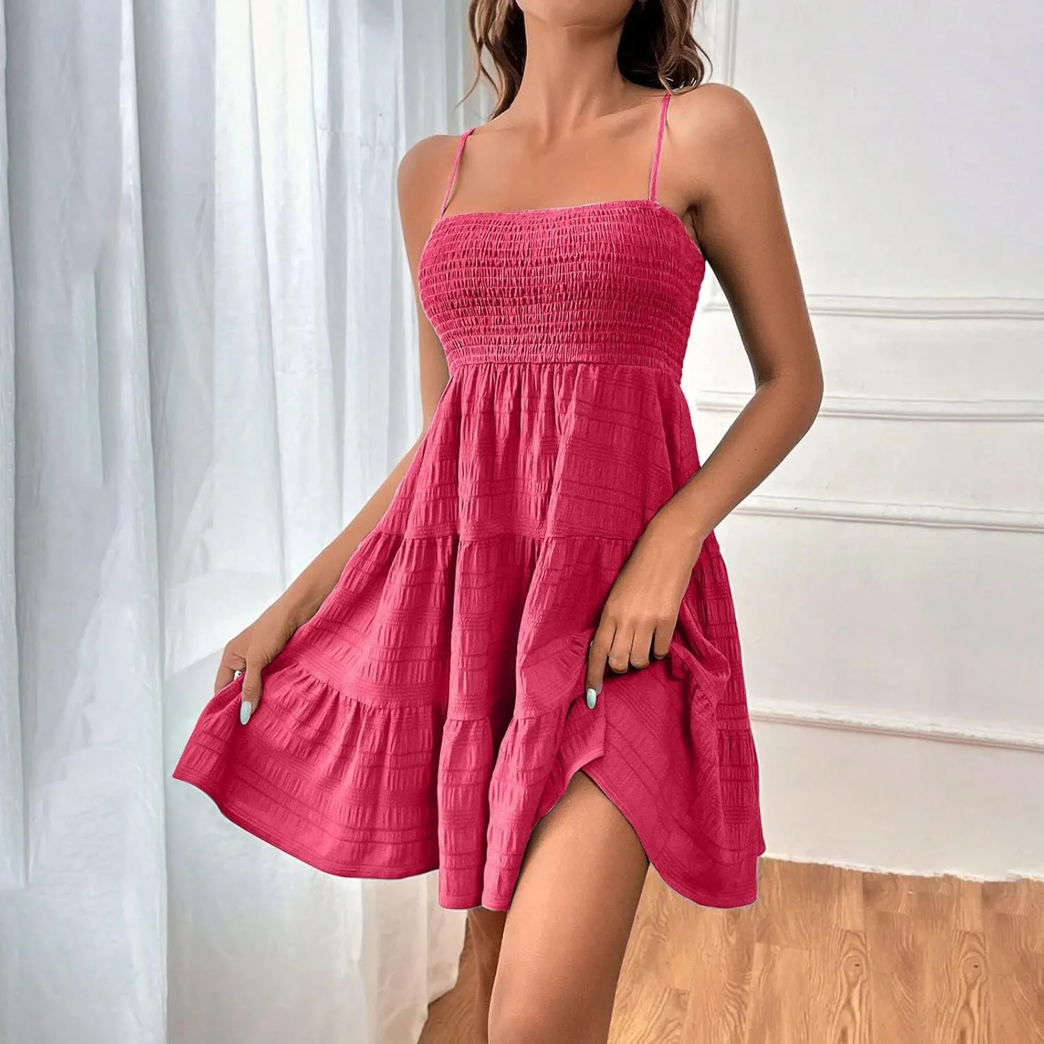 Summer Dresses for Women 2025 Cute Square Neck Spaghetti Strap Mini Dress Casual Pleated Flowy A Line Beach Sundress