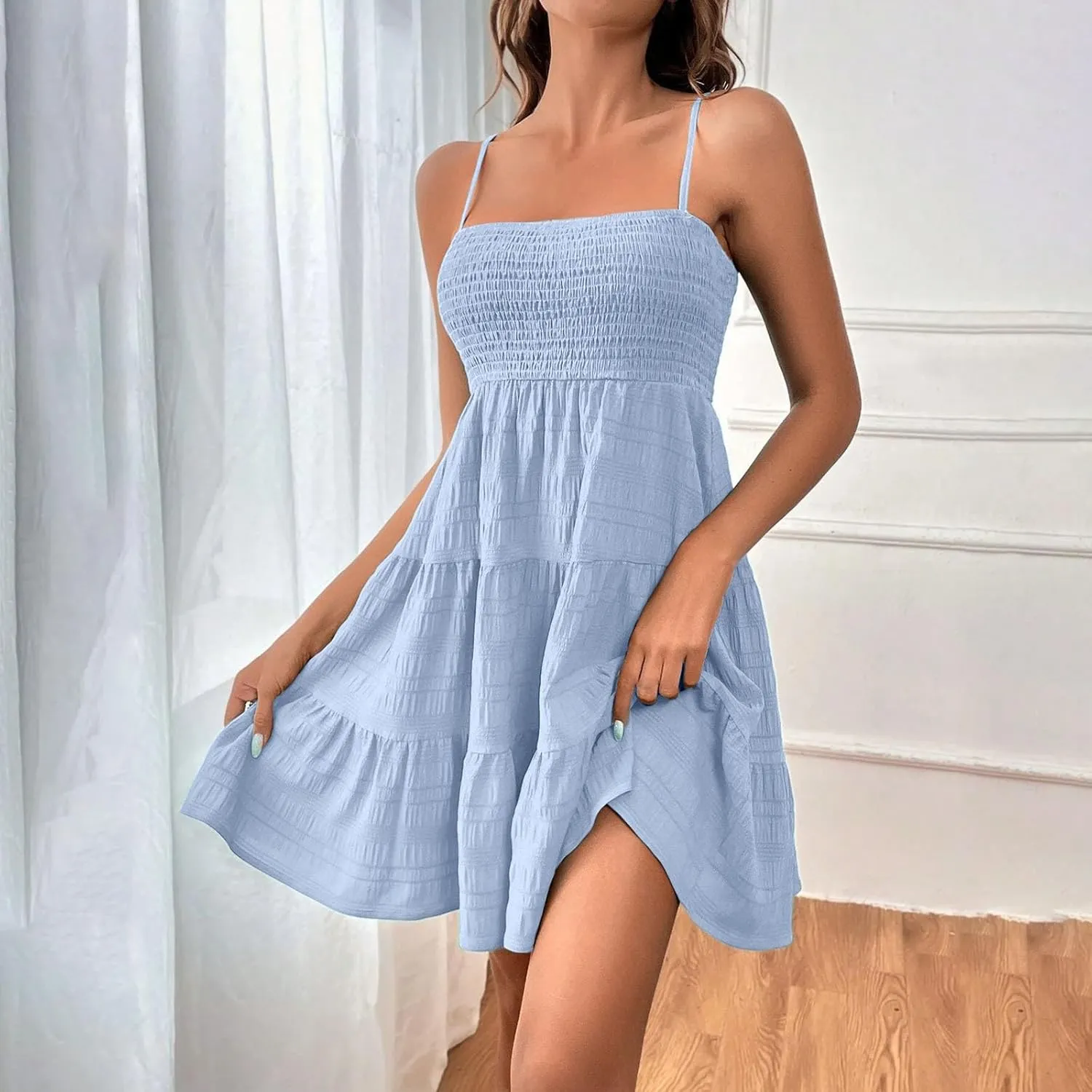 Summer Dresses for Women 2025 Cute Square Neck Spaghetti Strap Mini Dress Casual Pleated Flowy A Line Beach Sundress