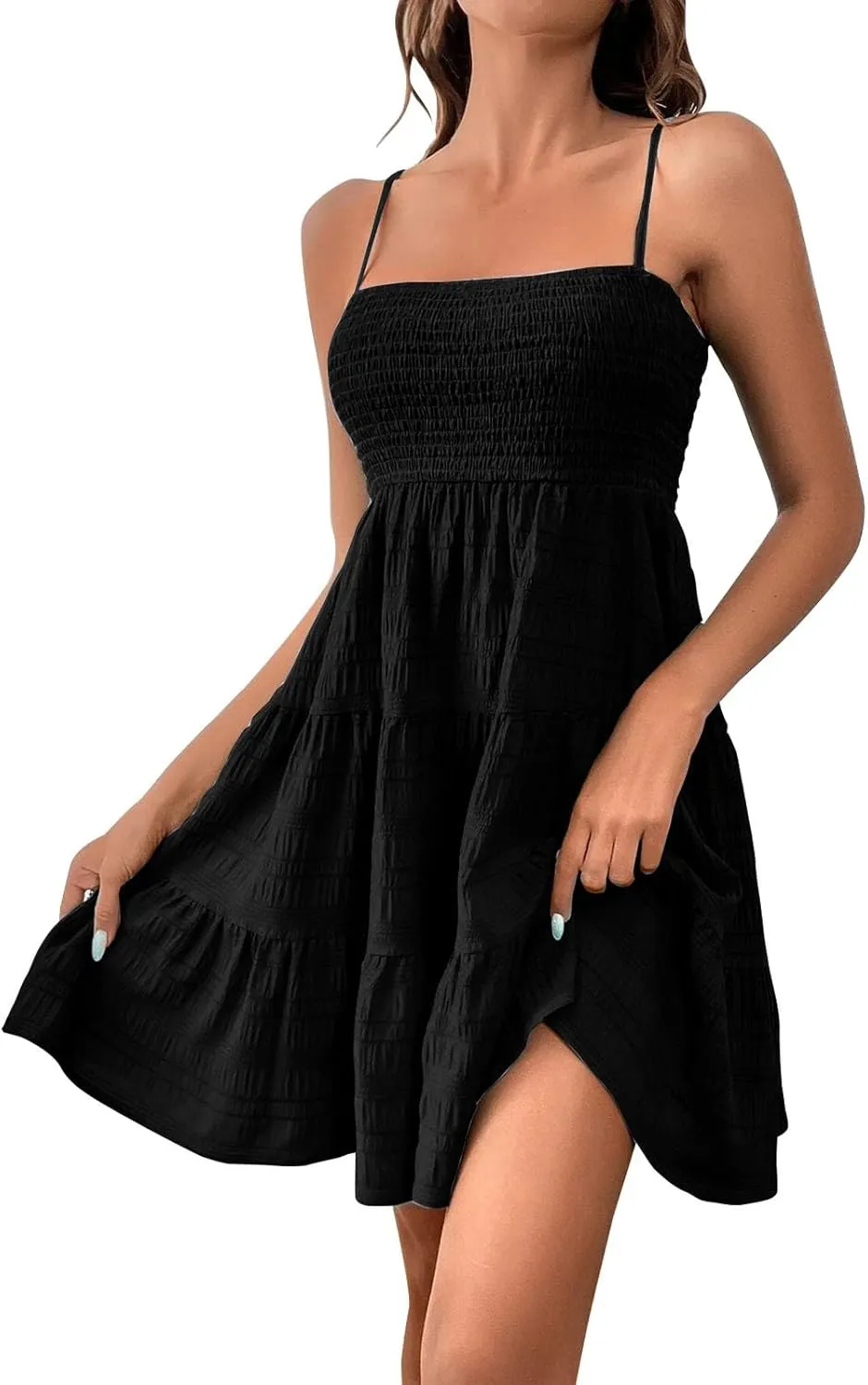 Summer Dresses for Women 2025 Cute Square Neck Spaghetti Strap Mini Dress Casual Pleated Flowy A Line Beach Sundress