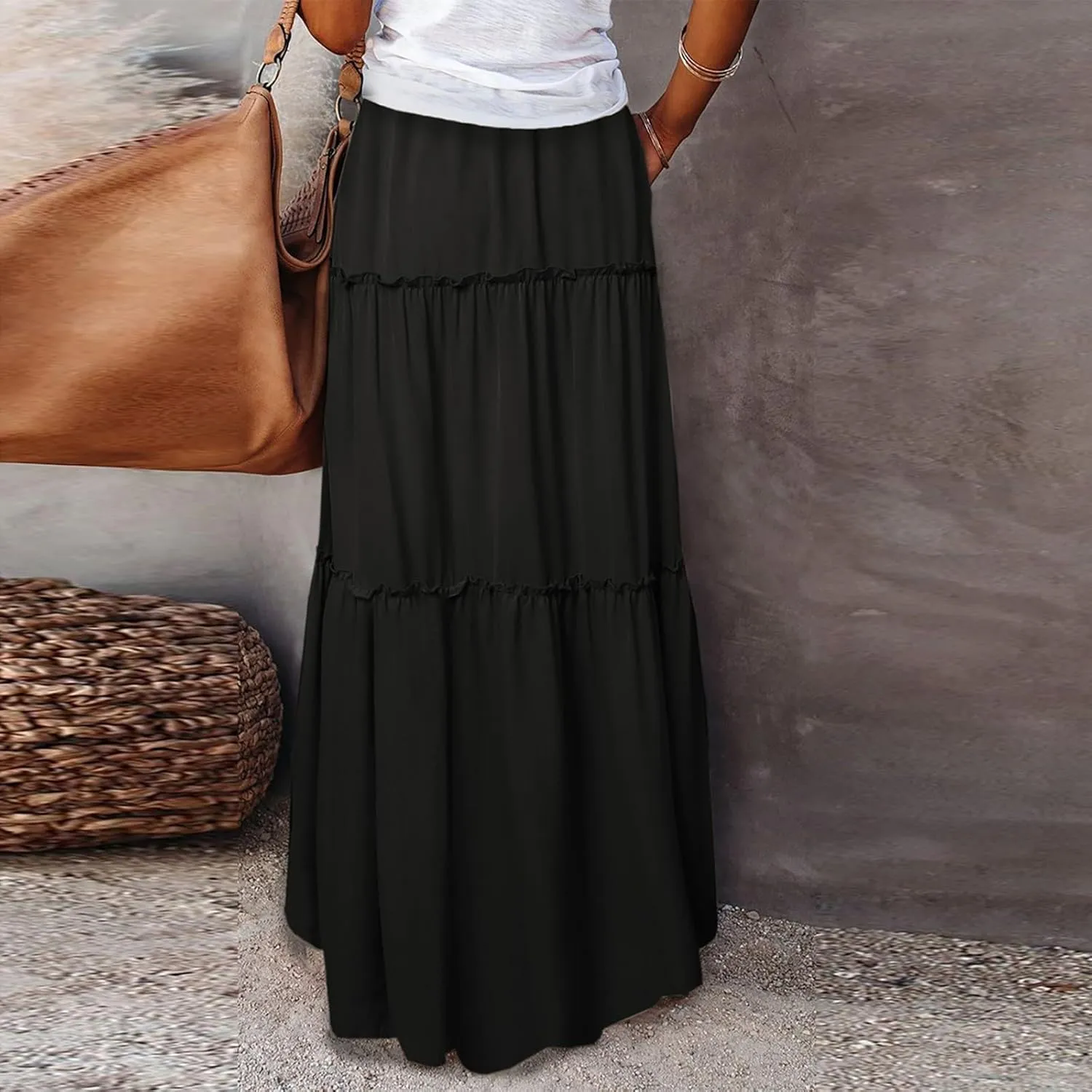 Summer Skirts for Women 2025 Vacation Pleated Long Skirt Maxi Length Tiered Swing Flowy Boho Beach Outfits w/Pockets