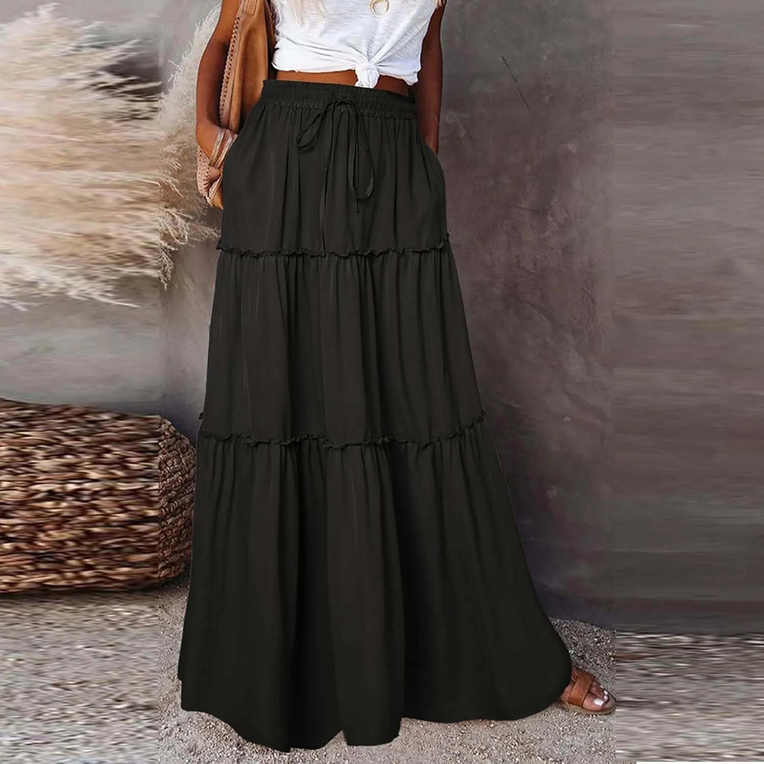 Summer Skirts for Women 2025 Vacation Pleated Long Skirt Maxi Length Tiered Swing Flowy Boho Beach Outfits w/Pockets