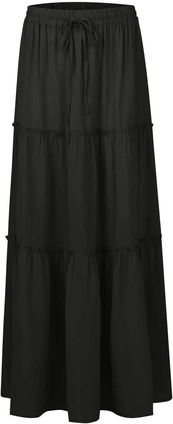 Summer Skirts for Women 2025 Vacation Pleated Long Skirt Maxi Length Tiered Swing Flowy Boho Beach Outfits w/Pockets