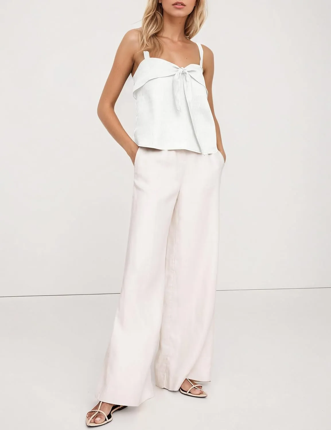 Summer Sweetheart Neckline Tie Front Tops for Women Cute Flowy Solid Sleeveless Backless Cotton Linen Crop Tank Top