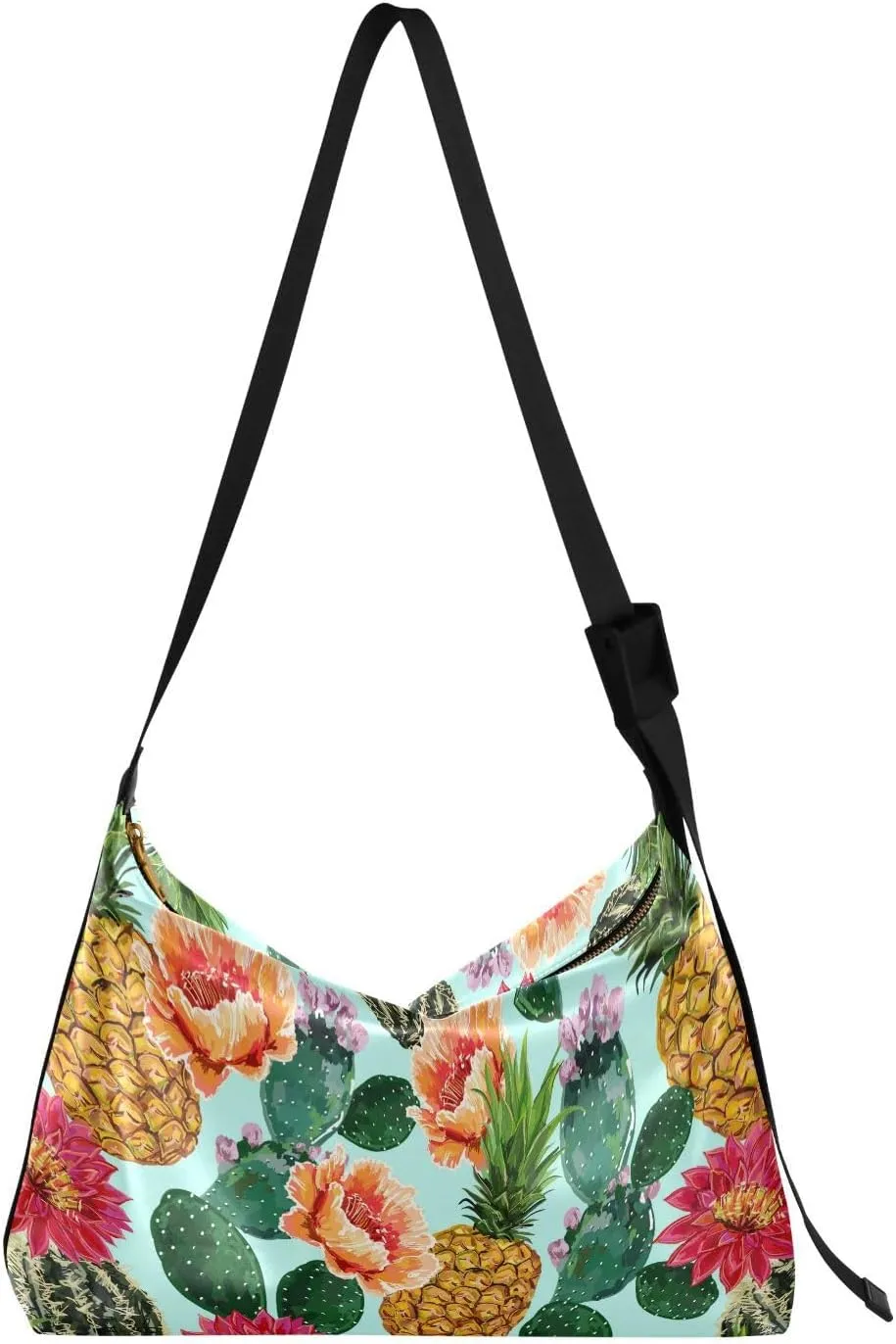 Summer Tropical Pineapple Hobo Crossbody Bags for Women Leather Large Shoulder Bag Cross Body Cactus Succulents Trendy Womens Tote Bags Handbag for Travel Shopping