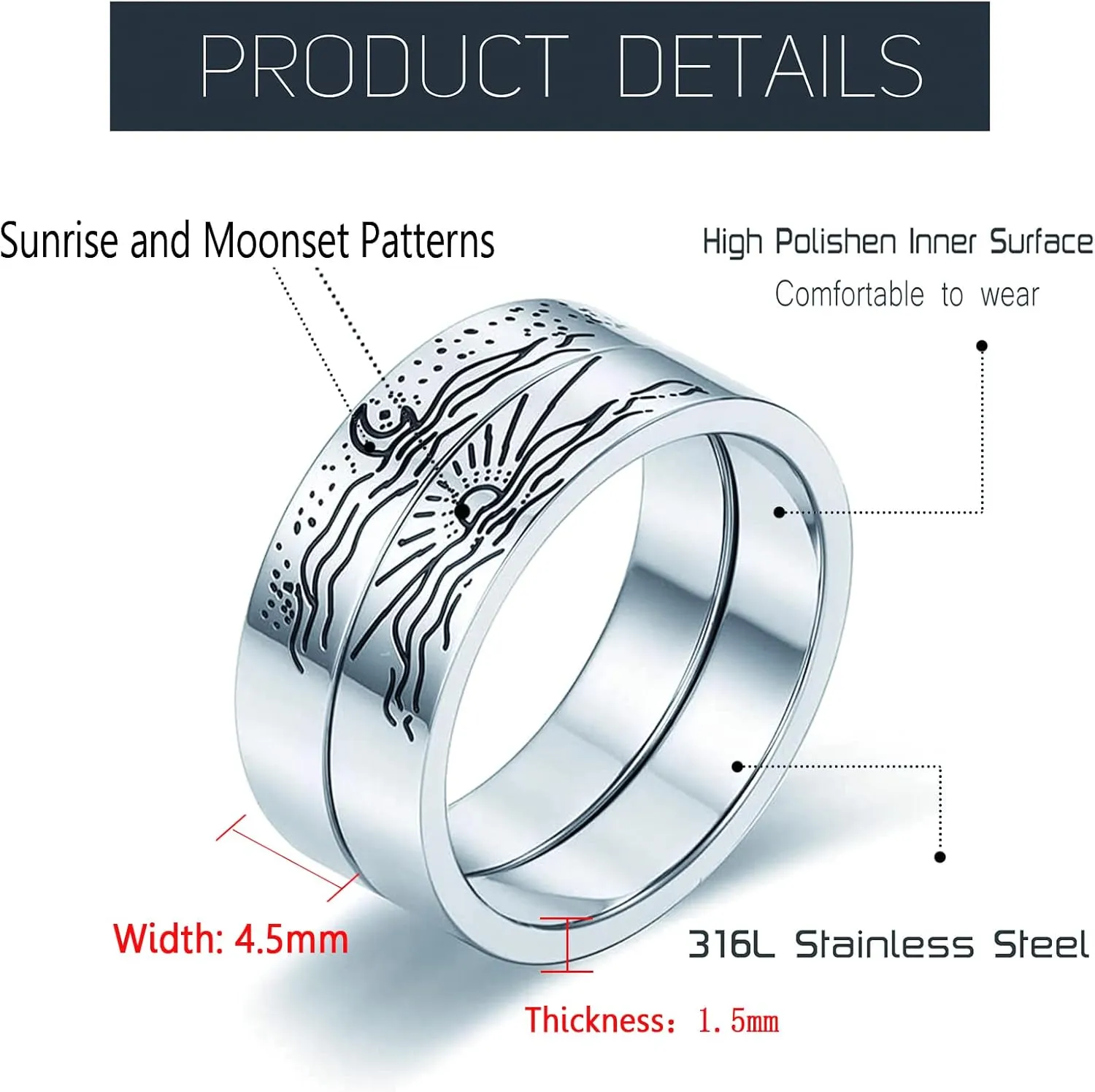 Sunflower Jewellery Moon & Sun Ring - Couples' Crescent Moon & Star Coupling Ring, Gift Set