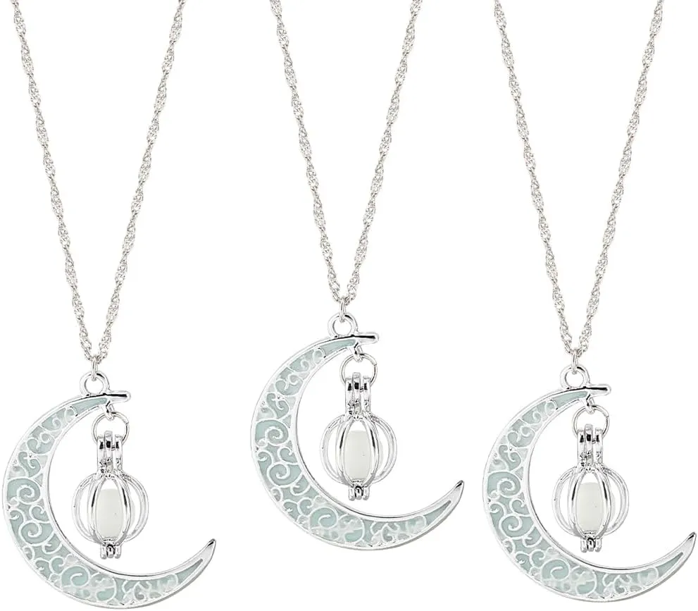 SUPERFINDINGS 3Pcs 3 Colors Moon Charm Necklaces Glow in The Dark Moon Necklace Half Crescent Pendant Necklace Luminous Series Moon Necklace Alloy Fluorescent Necklace for Women