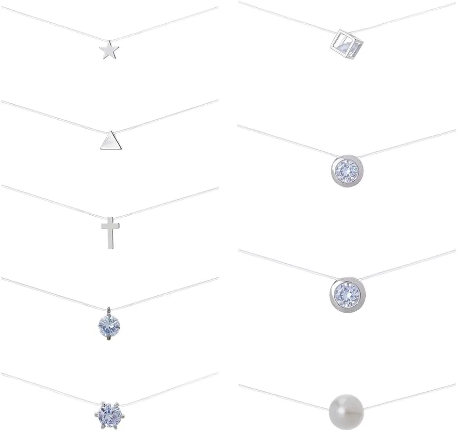 SUPERFINDINGS 9 Style Transparent Fishing Line Choker Necklaces Fashion Invisible Pendant Necklace Single Cross Star Cubic Zircon Pendant Choker Necklace Cute Jewelry for Commuting Party Travel