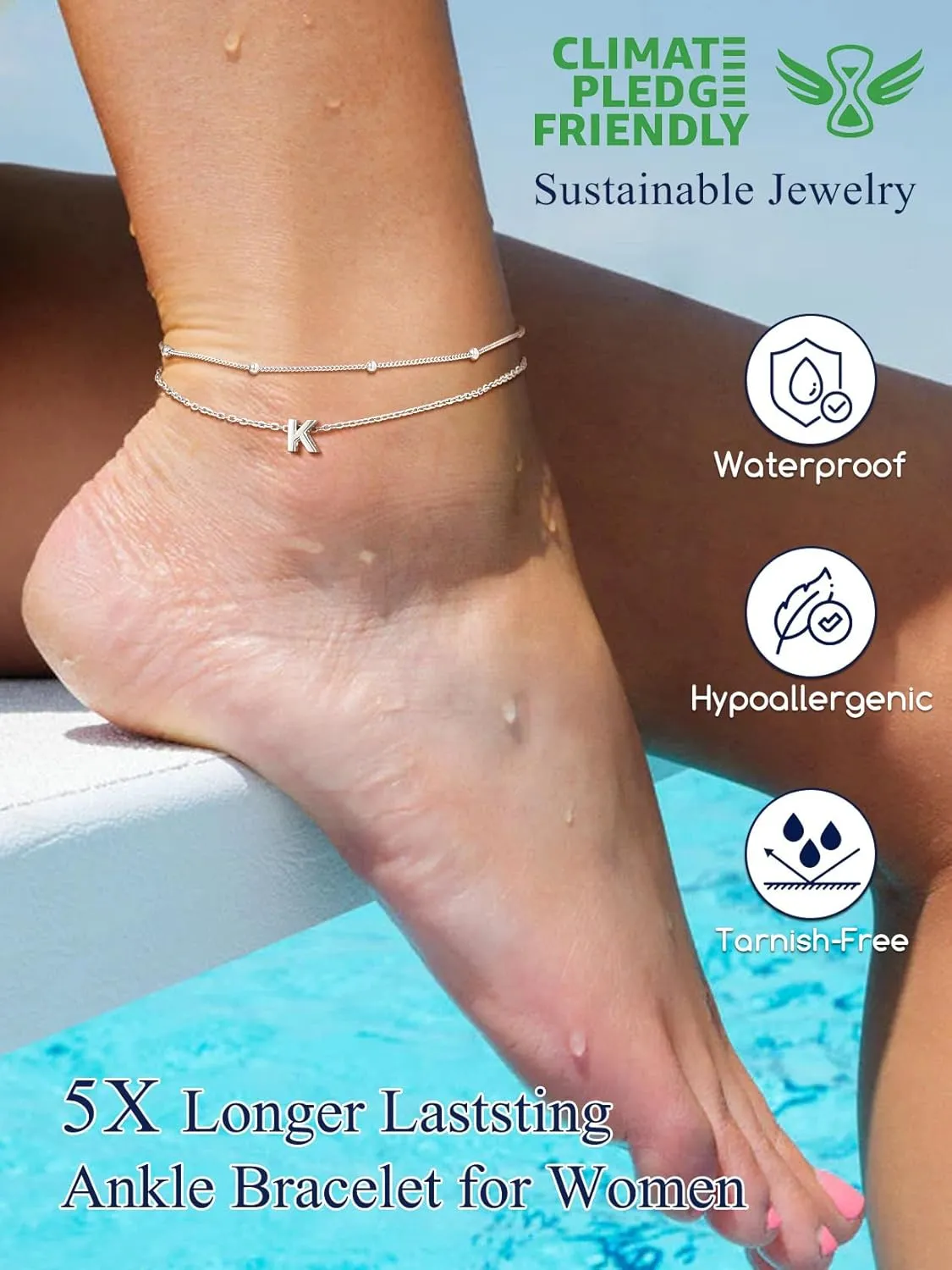 Suplight Sterling Silver Ankle Bracelets for Women Layered Dainty Initial Anklets Foot Chain Beaded Plus Size Anklets for Women Beach Waterproof Jewelry 8.7" 2"