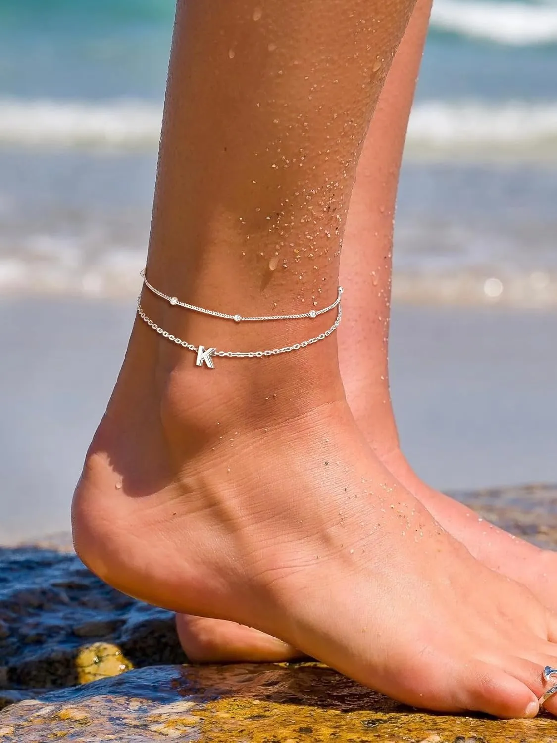 Suplight Sterling Silver Ankle Bracelets for Women Layered Dainty Initial Anklets Foot Chain Beaded Plus Size Anklets for Women Beach Waterproof Jewelry 8.7" 2"