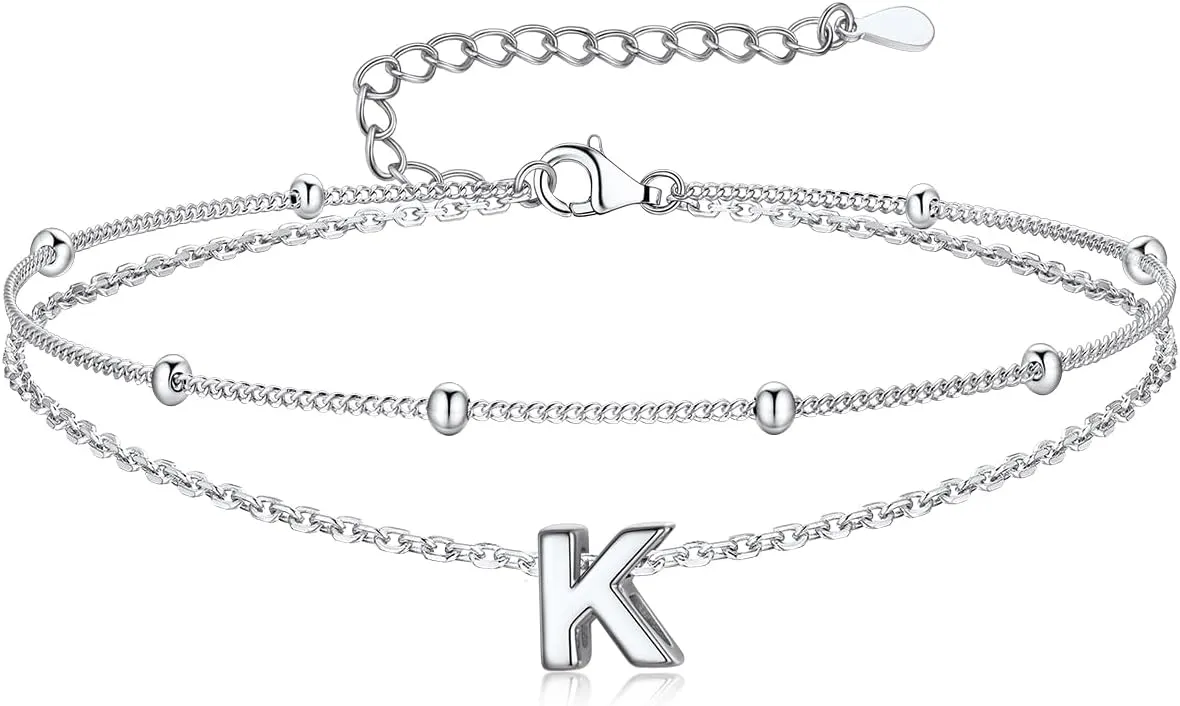 Suplight Sterling Silver Ankle Bracelets for Women Layered Dainty Initial Anklets Foot Chain Beaded Plus Size Anklets for Women Beach Waterproof Jewelry 8.7" 2"