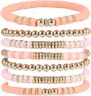 Surfer Heishi Clay Bead Bracelets for Women Bohemian Stackable color Beaded Stretch Bracelets Elastic Layering Friendship Bracelets Set Boho Jewelry