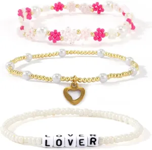 Surfer Heishi Clay Beaded Bulk Bracelets Set for Women Bohemian Stackable Gold Beads Stretch Y2K Kidcore Summer Beach Elastic Layering Friendship Preppy Jewelry