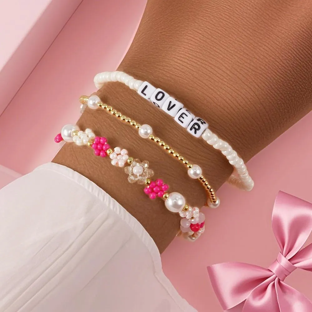 Surfer Heishi Clay Beaded Bulk Bracelets Set for Women Bohemian Stackable Gold Beads Stretch Y2K Kidcore Summer Beach Elastic Layering Friendship Preppy Jewelry