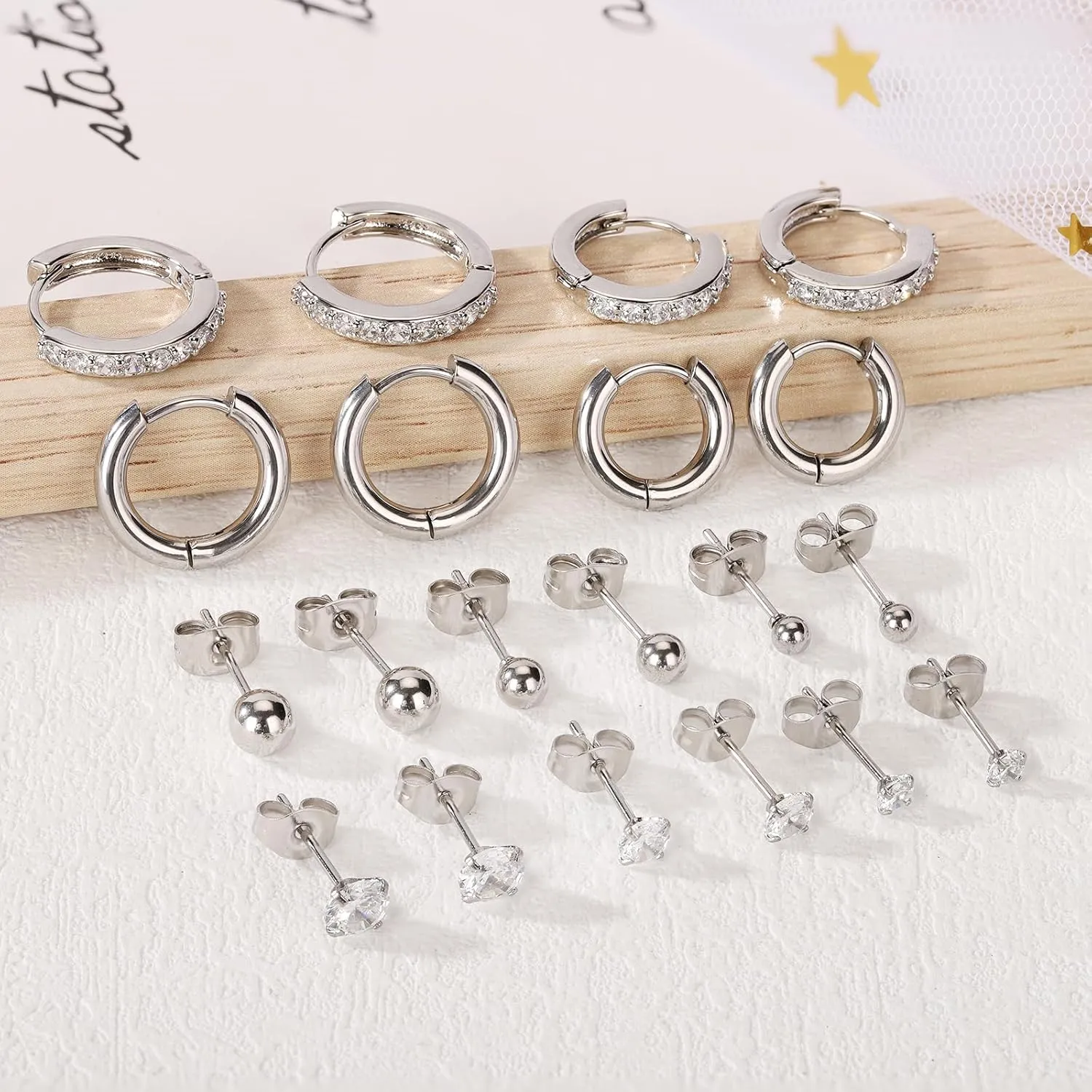 Surgical Steel Earrings Sets for Multiple Piercing Lightweight Small Huggie Hoop Earrings CZ Stud Earrings for Women Trendy Cartilage Hypoallergenic