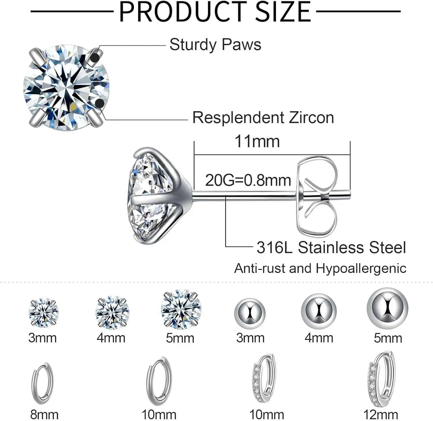 Surgical Steel Earrings Sets for Multiple Piercing Lightweight Small Huggie Hoop Earrings CZ Stud Earrings for Women Trendy Cartilage Hypoallergenic