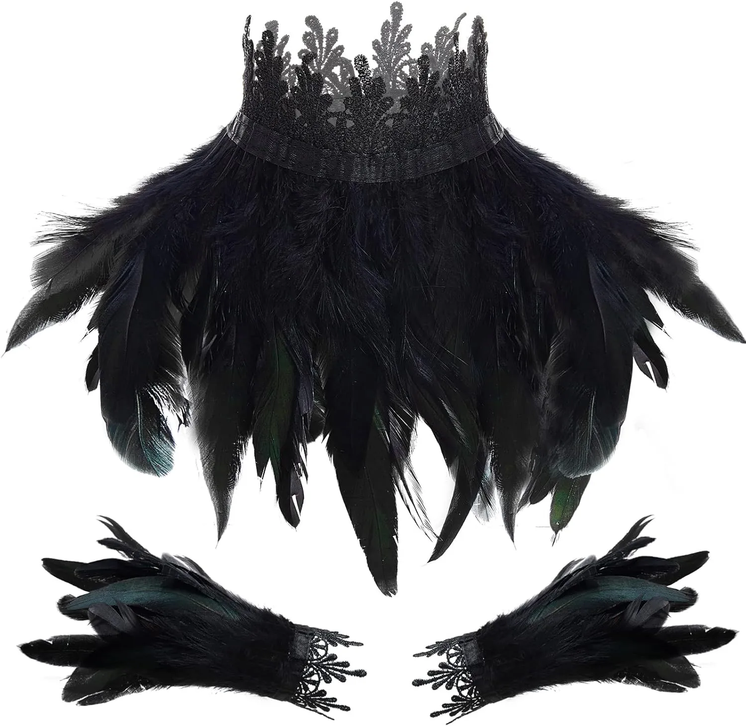 Taiyin Victorian Natural Feather Collar and Feather Cuffs Lace Necklace Real Nature Black Gothic Feather Collar Halloween Wrist Cuffs Bracelets for Women and Man Game Party Cosplay Costume