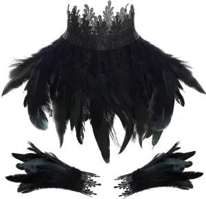 Taiyin Victorian Natural Feather Collar and Feather Cuffs Lace Necklace Real Nature Black Gothic Feather Collar Halloween Wrist Cuffs Bracelets for Women and Man Game Party Cosplay Costume