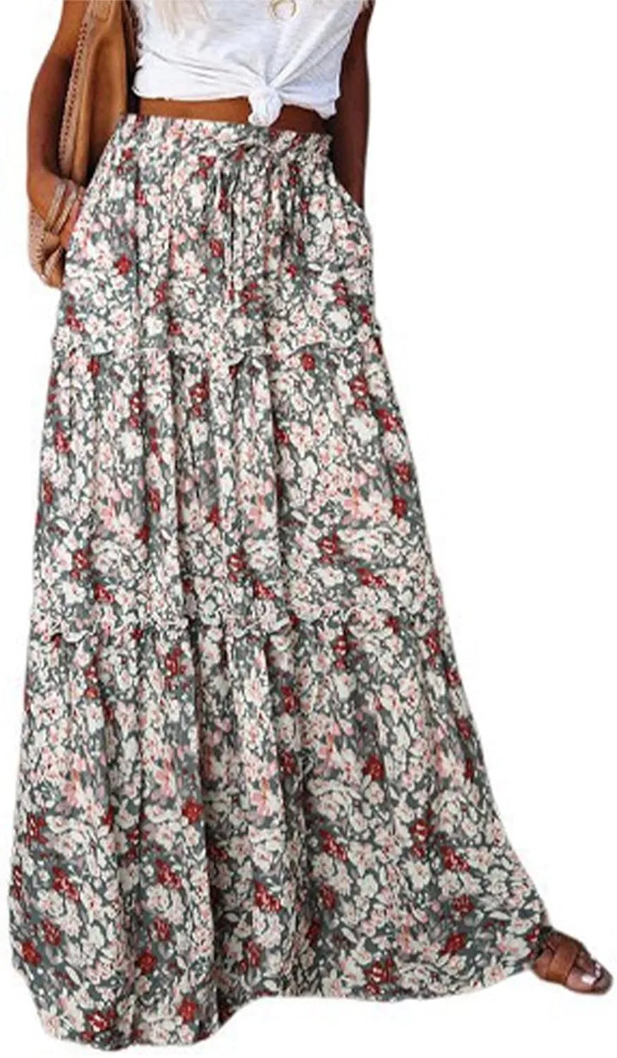 TANGNADE Long Flowy Beach Skirts for Women Summer High Waisted Casual Maxi Skirt Swing Floral Print Pleated Skirts