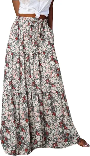 TANGNADE Long Flowy Beach Skirts for Women Summer High Waisted Casual Maxi Skirt Swing Floral Print Pleated Skirts