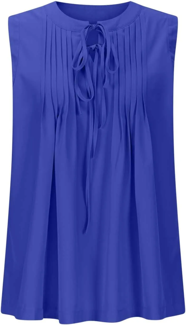 Tank Top for Women Tie Front Casual Sleeveless Crewneck Pleated Shirts Cute Flowy Loose Summer Going Out Tops 2025
