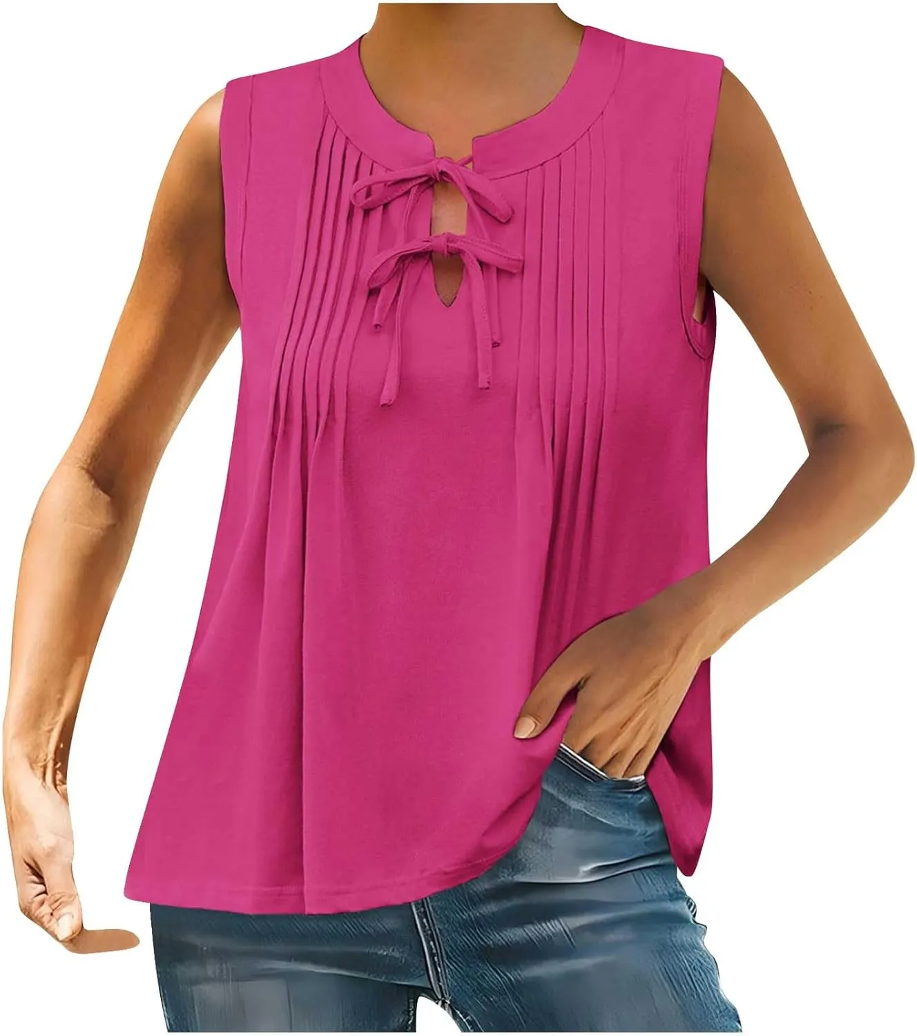 Tank Top for Women Tie Front Casual Sleeveless Crewneck Pleated Shirts Cute Flowy Loose Summer Going Out Tops 2025