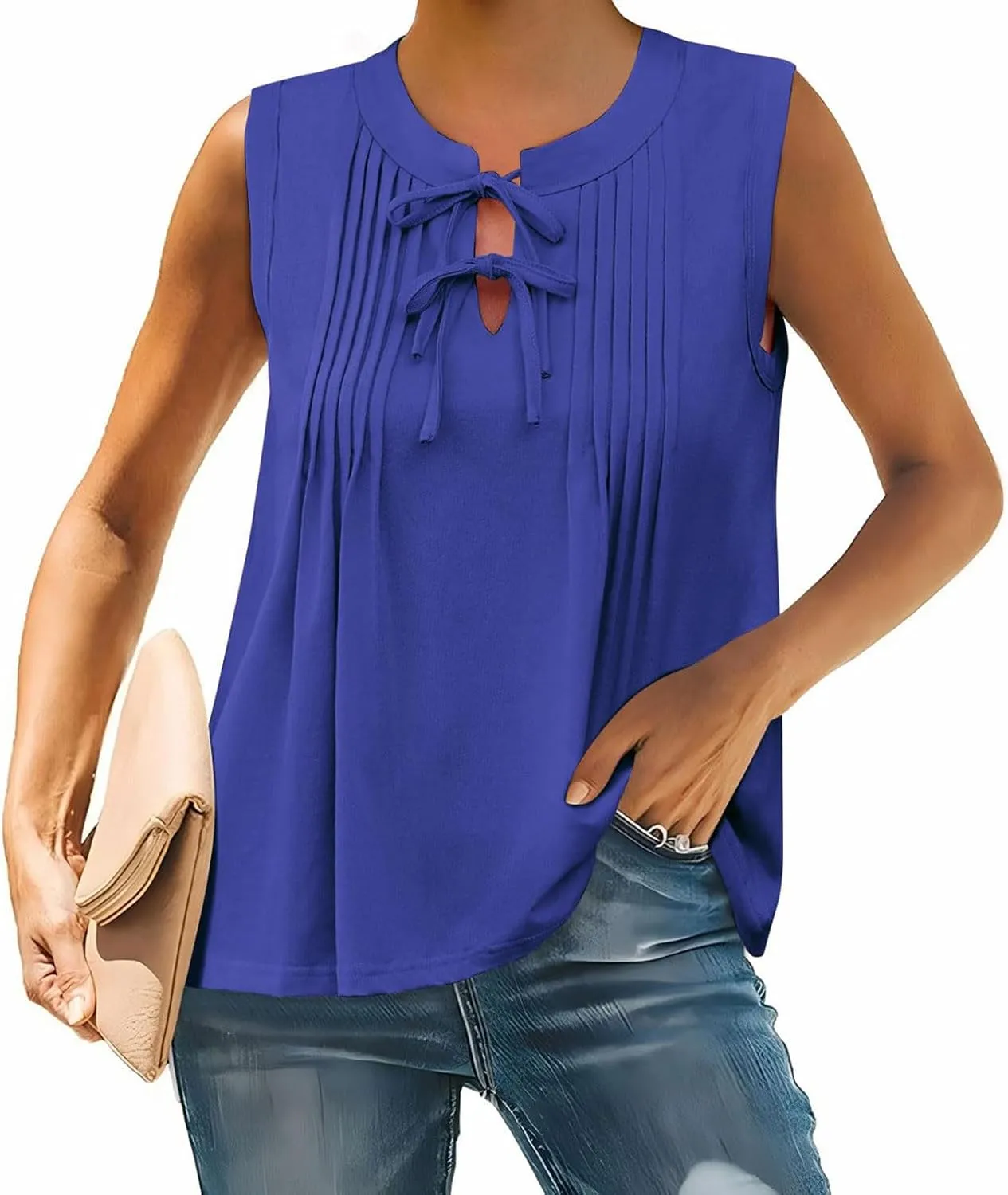 Tank Top for Women Tie Front Casual Sleeveless Crewneck Pleated Shirts Cute Flowy Loose Summer Going Out Tops 2025