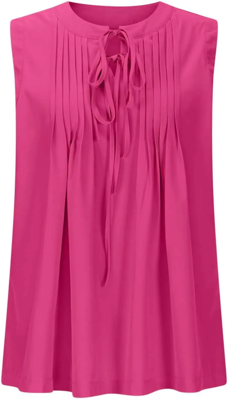 Tank Top for Women Tie Front Casual Sleeveless Crewneck Pleated Shirts Cute Flowy Loose Summer Going Out Tops 2025