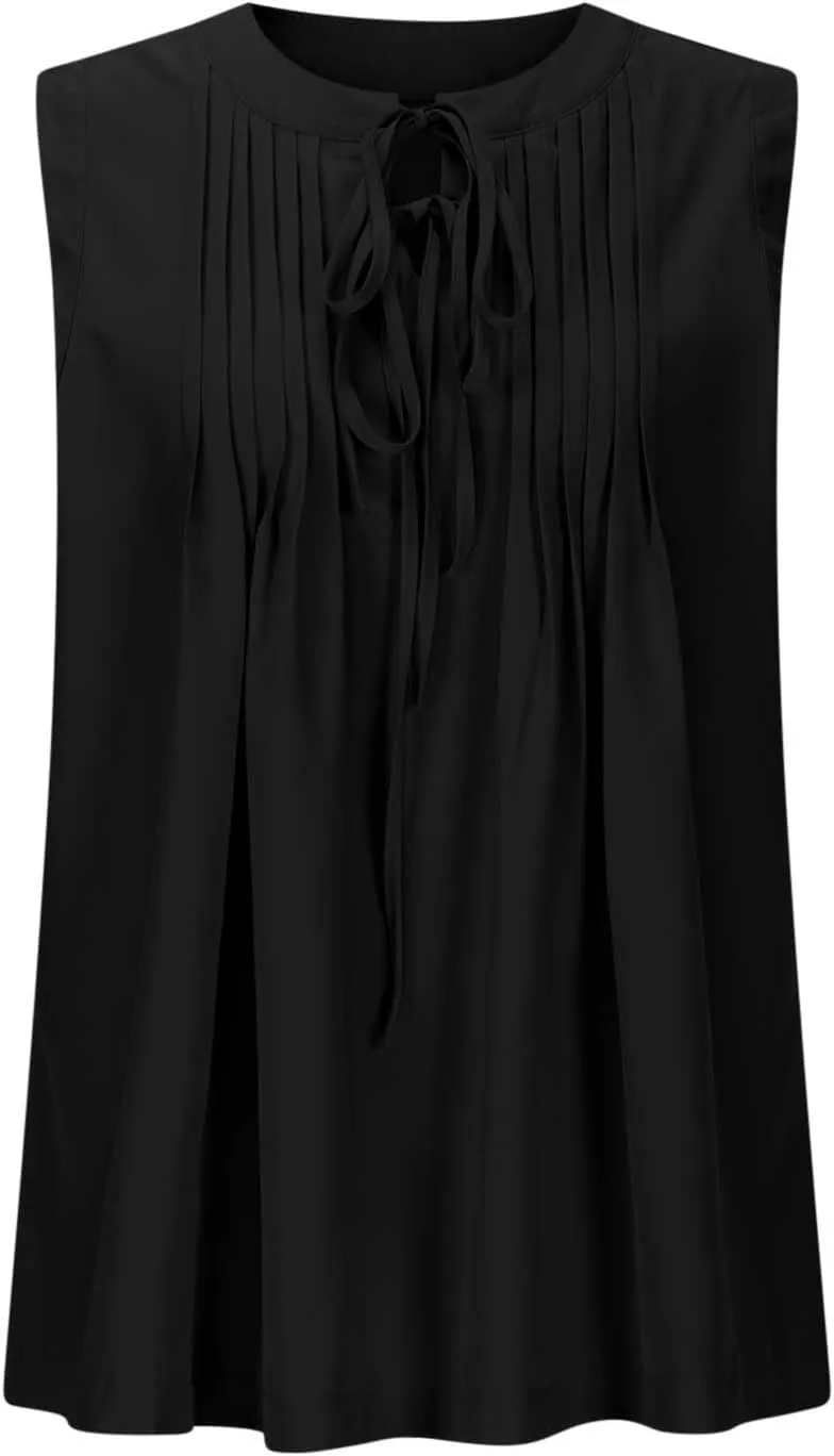 Tank Top for Women Tie Front Casual Sleeveless Crewneck Pleated Shirts Cute Flowy Loose Summer Going Out Tops 2025