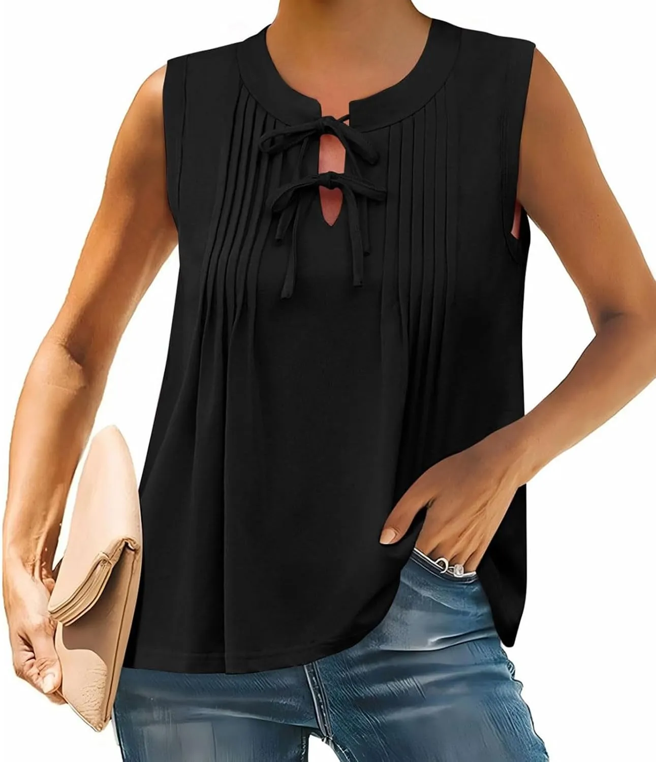 Tank Top for Women Tie Front Casual Sleeveless Crewneck Pleated Shirts Cute Flowy Loose Summer Going Out Tops 2025