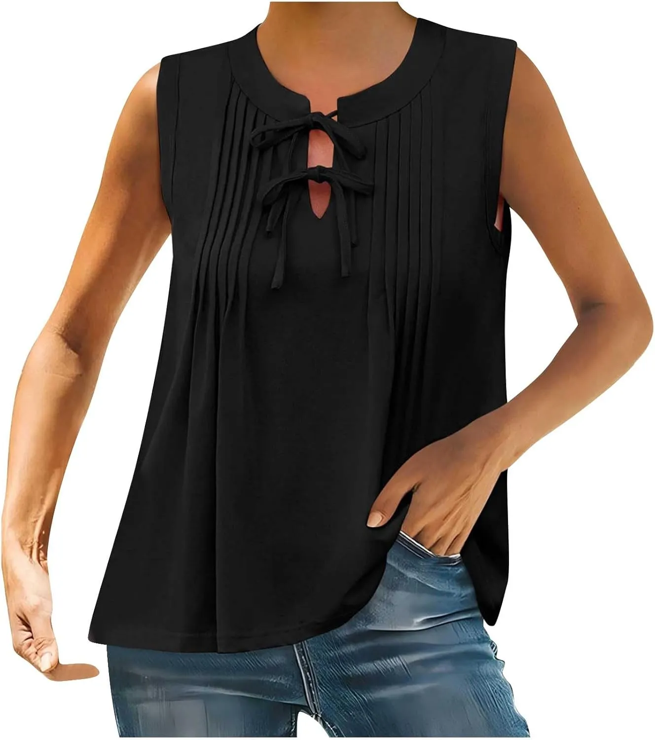 Tank Top for Women Tie Front Casual Sleeveless Crewneck Pleated Shirts Cute Flowy Loose Summer Going Out Tops 2025