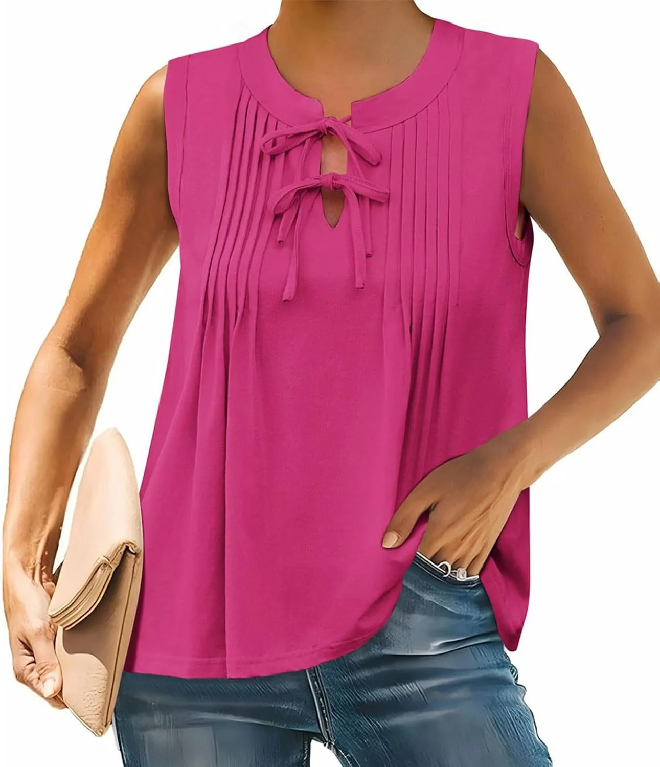 Tank Top for Women Tie Front Casual Sleeveless Crewneck Pleated Shirts Cute Flowy Loose Summer Going Out Tops 2025