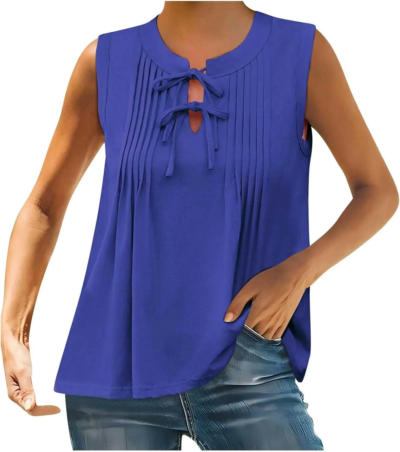 Tank Top for Women Tie Front Casual Sleeveless Crewneck Pleated Shirts Cute Flowy Loose Summer Going Out Tops 2025