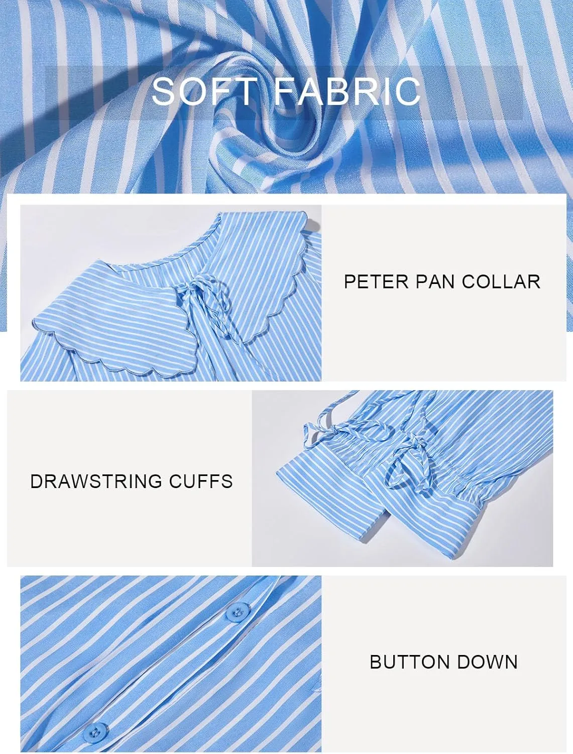Tankaneo Womens Peter Pan Collar Shirts Long Bell Sleeve Tie Front Tops Vertical Striped Button Down Cute Blouse