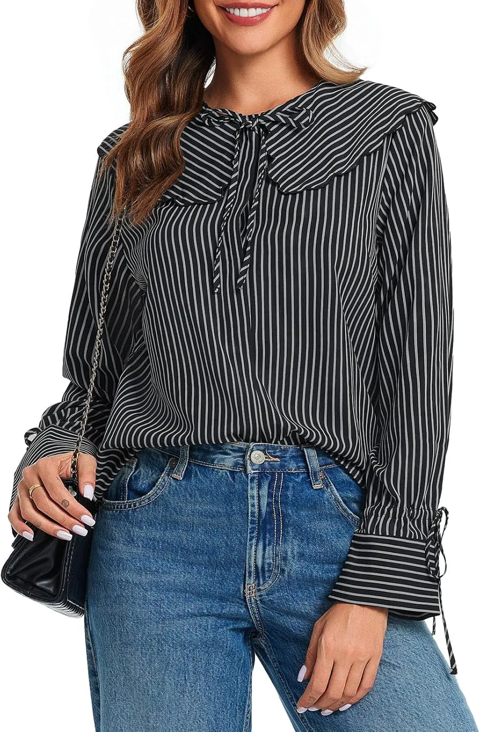 Tankaneo Womens Peter Pan Collar Shirts Long Bell Sleeve Tie Front Tops Vertical Striped Button Down Cute Blouse