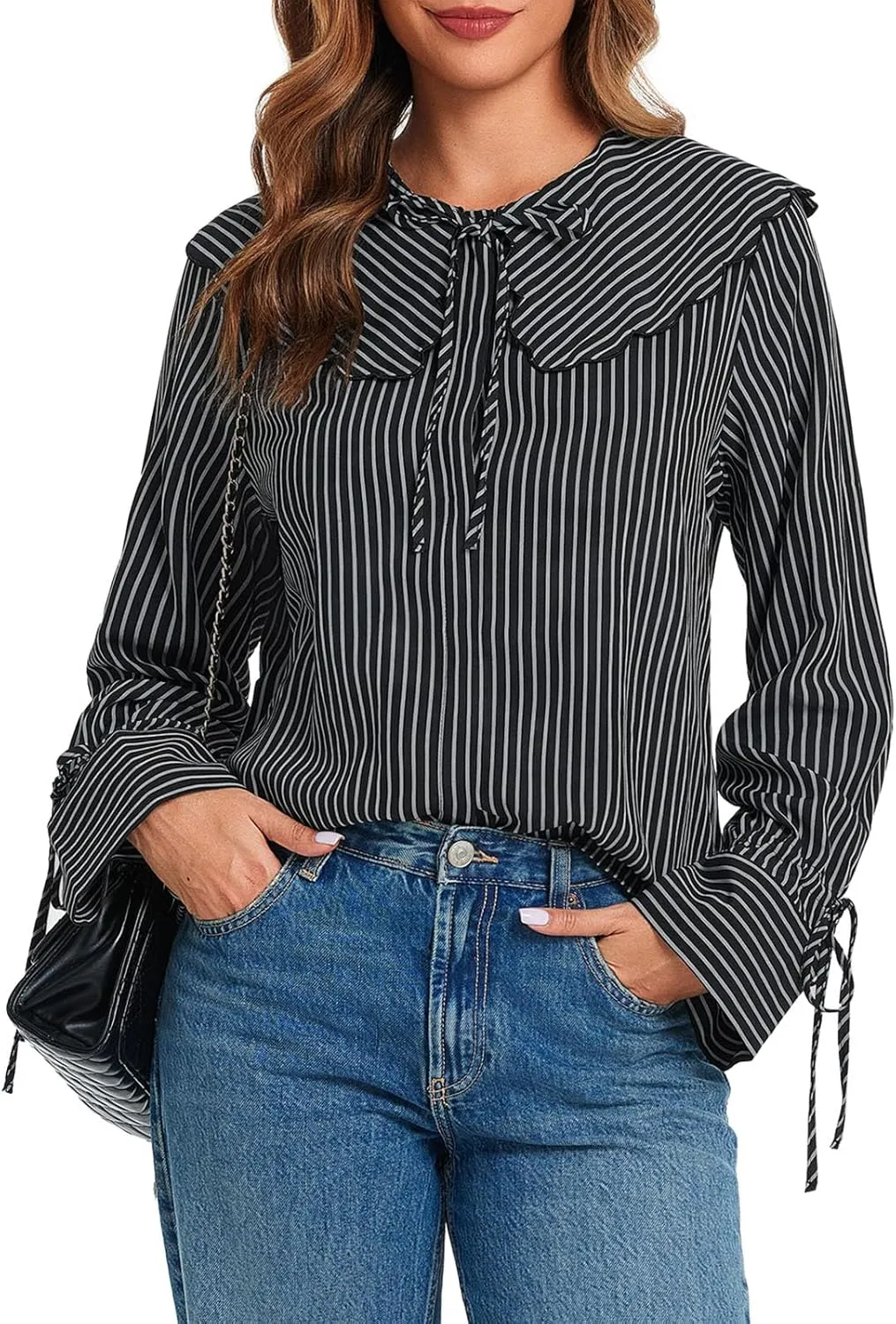 Tankaneo Womens Peter Pan Collar Shirts Long Bell Sleeve Tie Front Tops Vertical Striped Button Down Cute Blouse