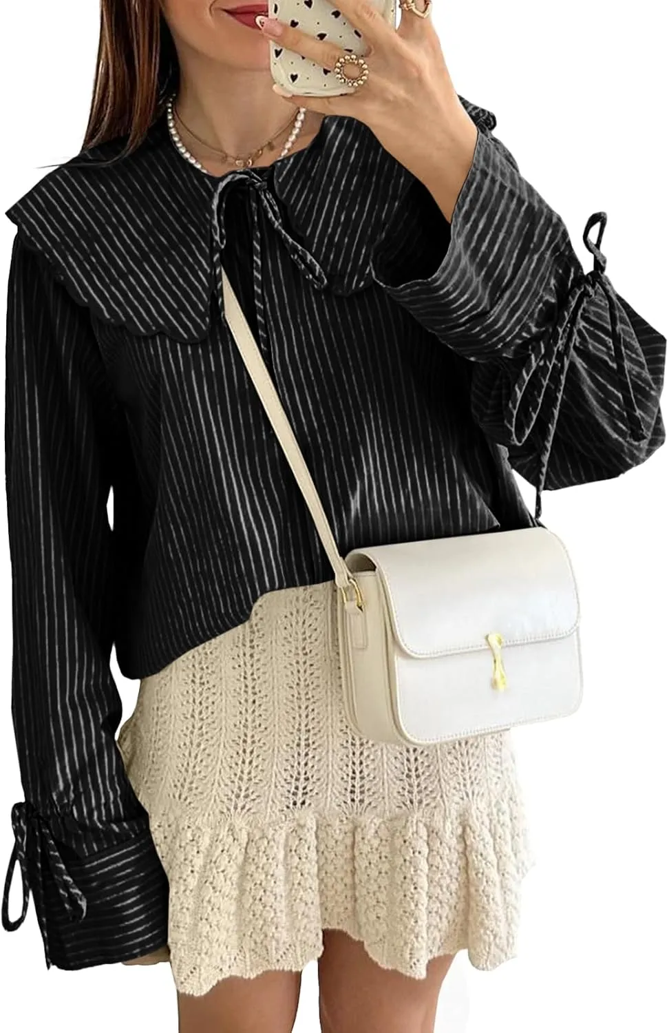 Tankaneo Womens Peter Pan Collar Shirts Long Bell Sleeve Tie Front Tops Vertical Striped Button Down Cute Blouse