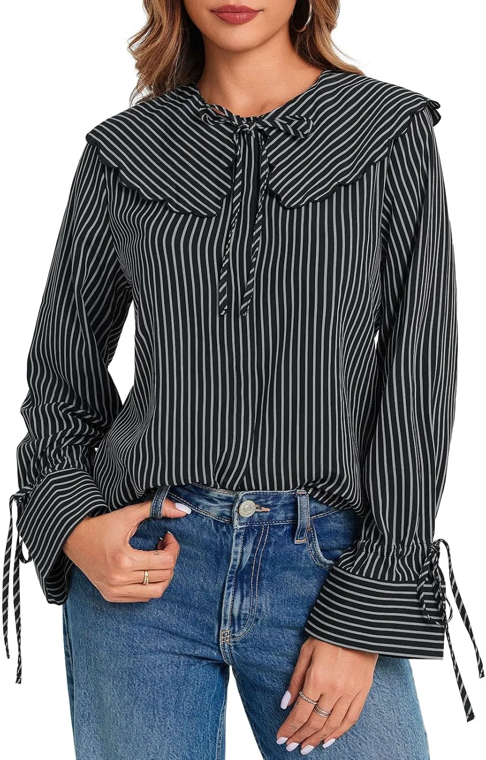 Tankaneo Womens Peter Pan Collar Shirts Long Bell Sleeve Tie Front Tops Vertical Striped Button Down Cute Blouse