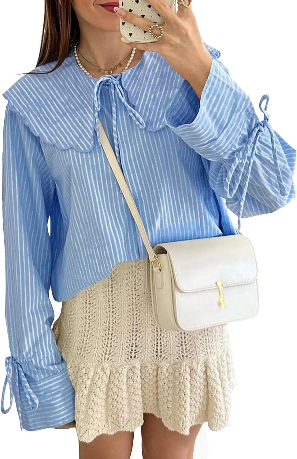 Tankaneo Womens Peter Pan Collar Shirts Long Bell Sleeve Tie Front Tops Vertical Striped Button Down Cute Blouse